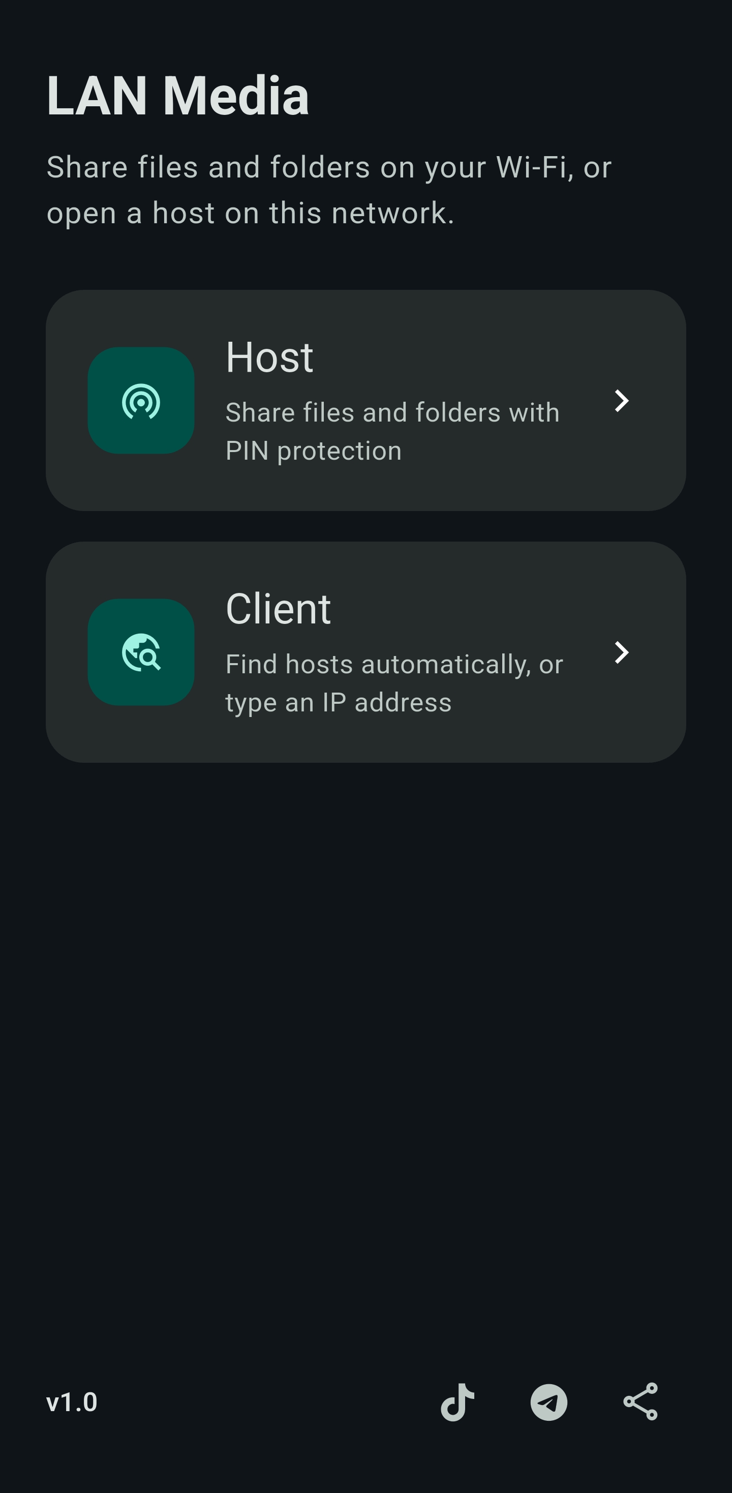 LAN Media home screen with Host and Client modes
