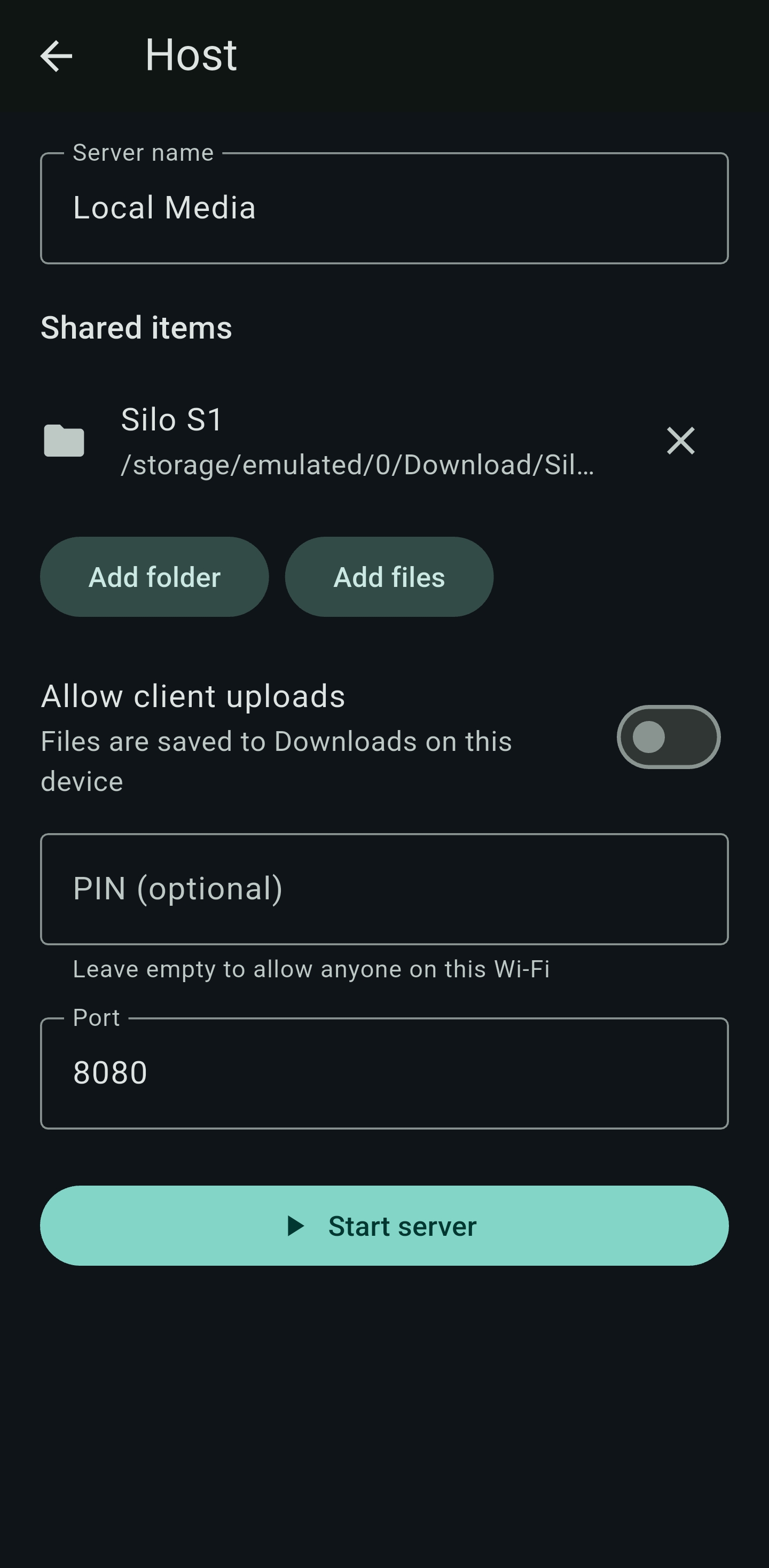 Host setup with shared folders, optional PIN, and Start server