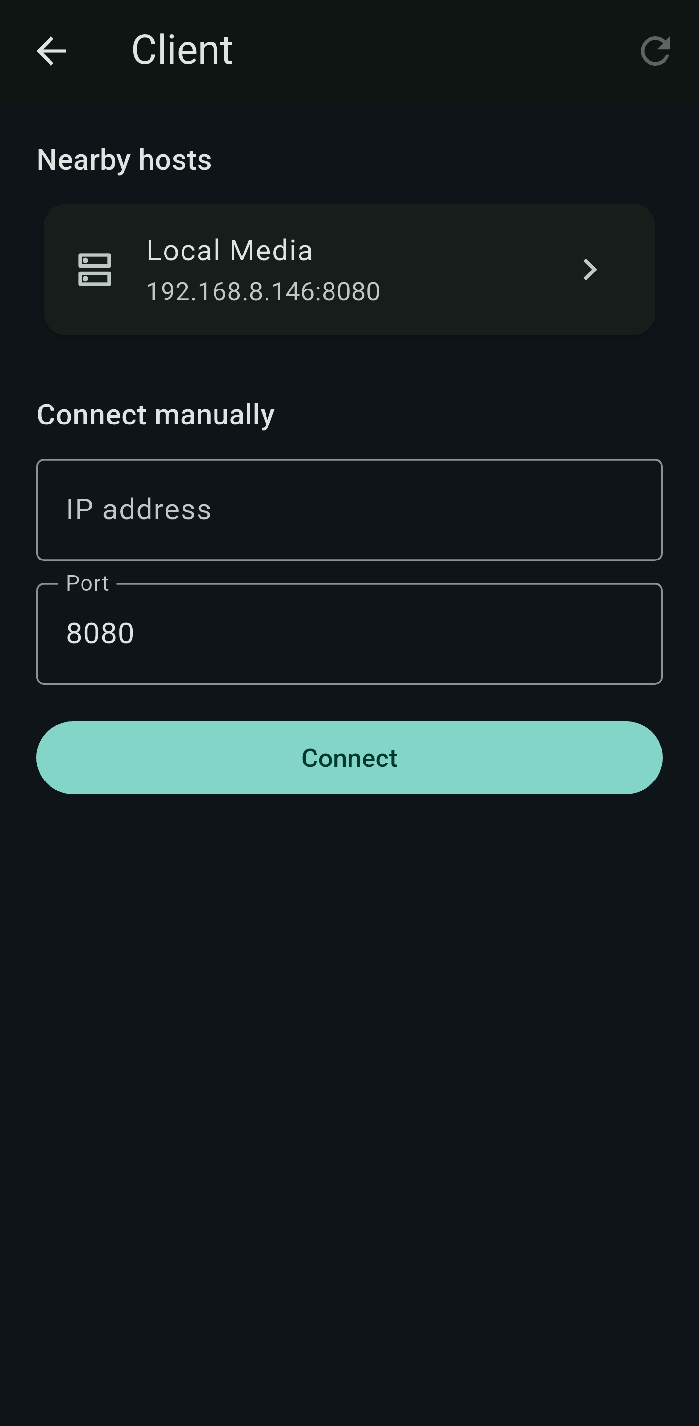 Client screen listing a nearby host and manual IP connect
