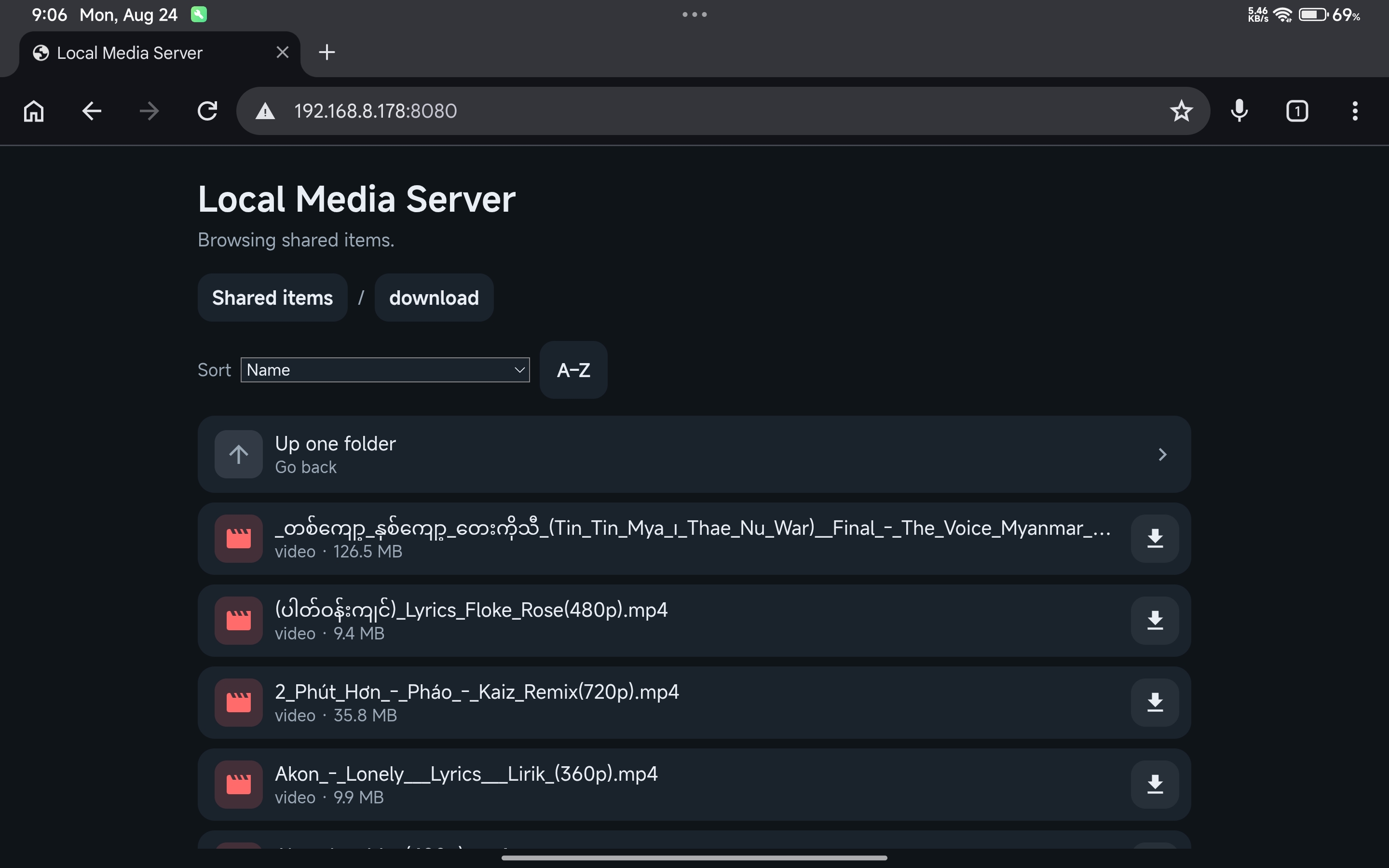 Local Media Server browser view of shared videos